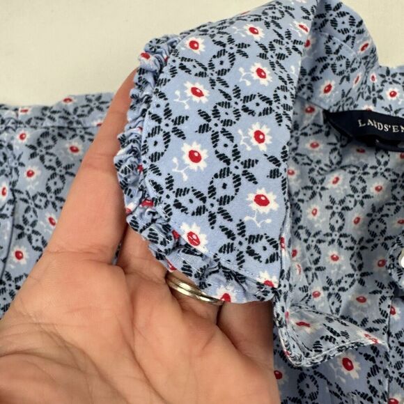 Lands End Girls Sz 8 Blue Floral Button Up Shirt S/S Flower Pearl Buttons Cotton - Picture 5 of 8
